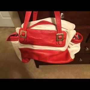 Kate Spade red leather and beige canvas satchel